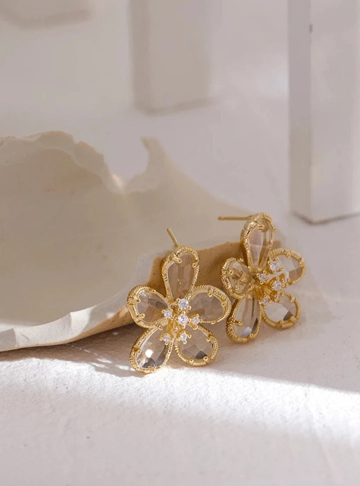 Gold Crystal Flower Earrings Vow Jewelry