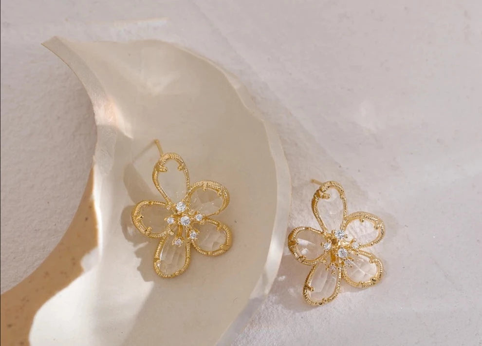 Gold Crystal Flower Earrings Vow Jewelry