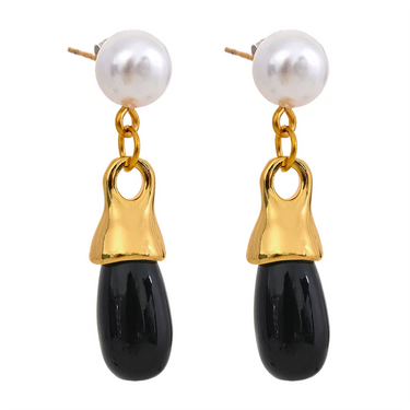 Vintage Pearl & Black Crystal Drop Earrings